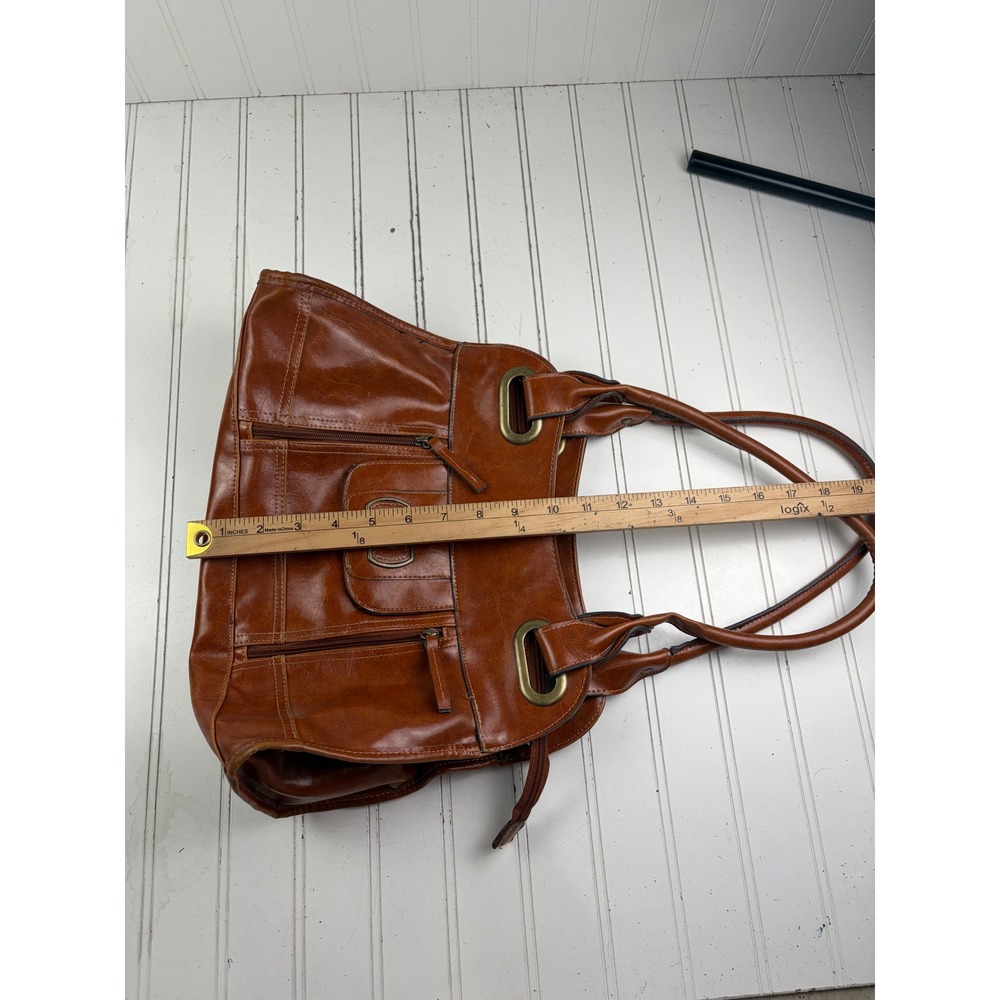 Vintage Y2K Cognac Brown Leather Multi-Pocket Shoulder Bag Satchel Purse - Picture 8 of 12